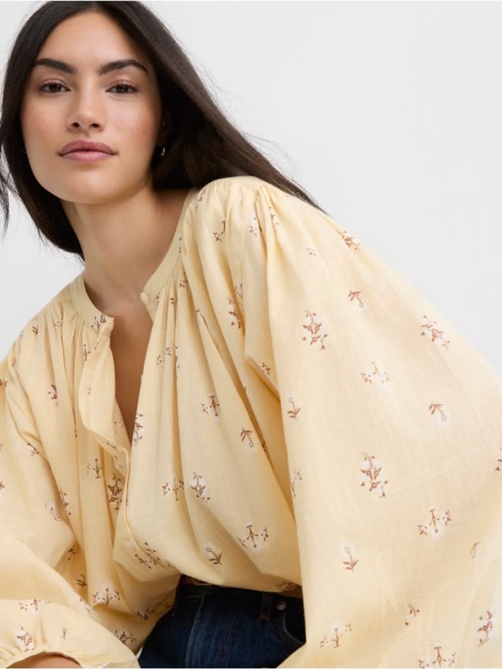 NWT LOFT / Floral Top white puffy sleeve oversized button down top S Petite